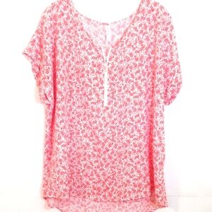 VIISHOW V-NECK RED WHITE FLORAL SHORT SLEEVE HIGH-LOW ZIP FRONT TOP SIZE 2XL NWT